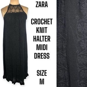 Zara black knit midi dress halter lace neckline floral crochet knit Size M